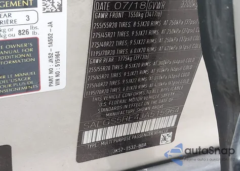 2018 Land Rover Range Rover 5.0L V8 Supercharged z USA, uszkodzony, nr VIN SALGS5RE4JA515964